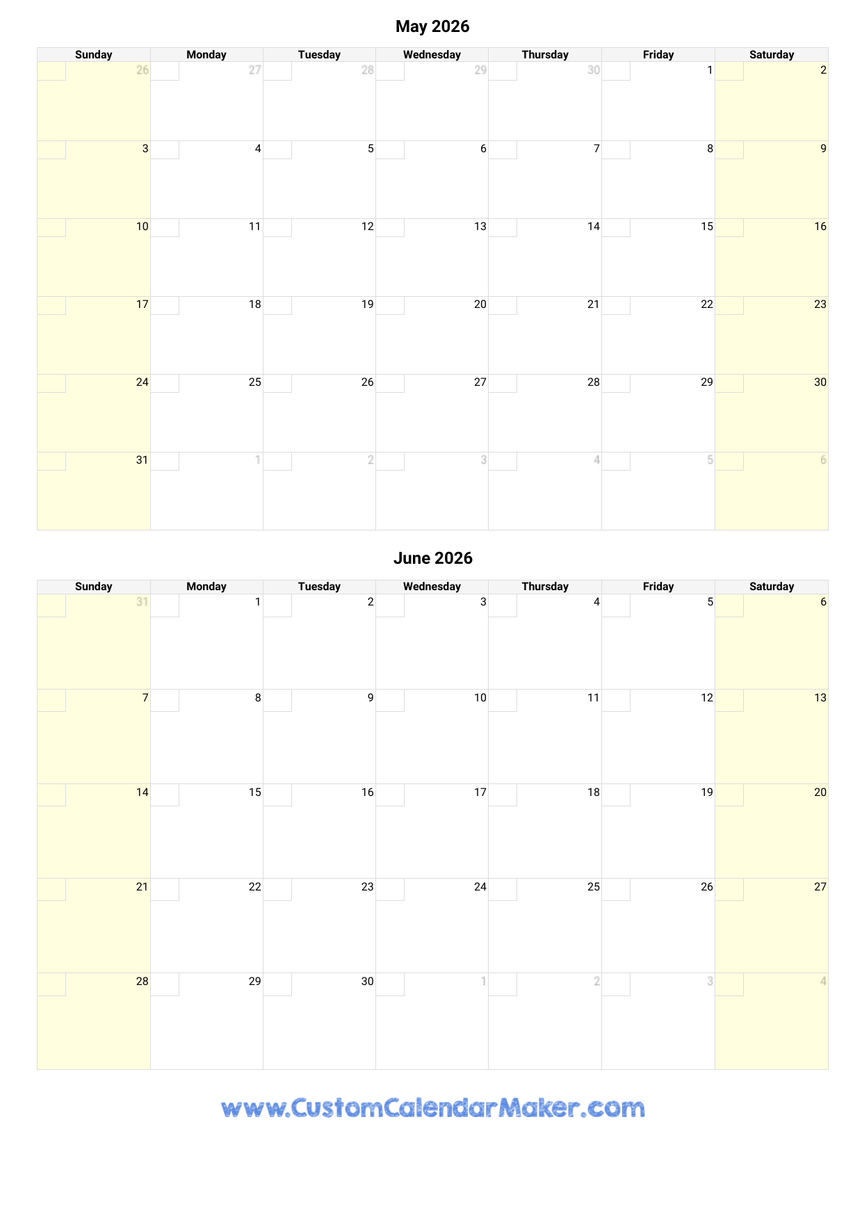 May And June 2026 Calendar Custom Calendar Maker