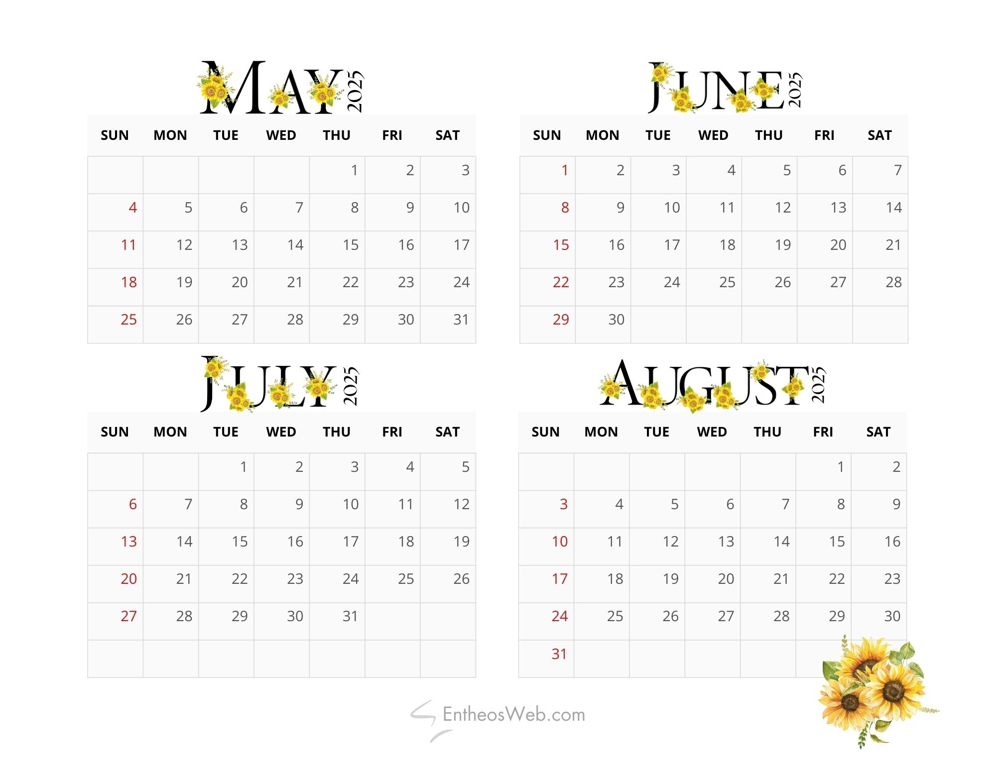 2025 Calendar Printable 4 Months Per Page