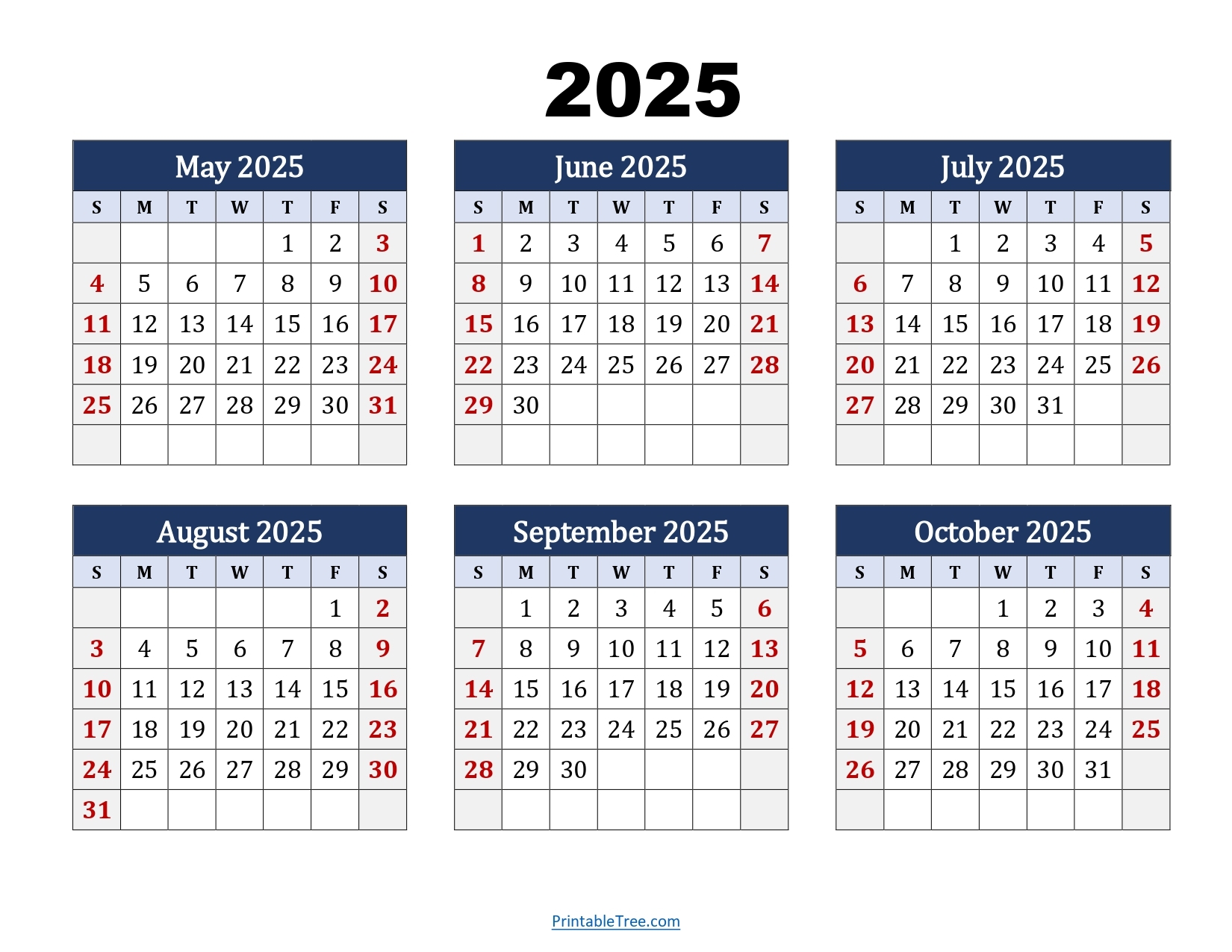 May To October 2025 Calendar Printable PDF Six Months Calendar