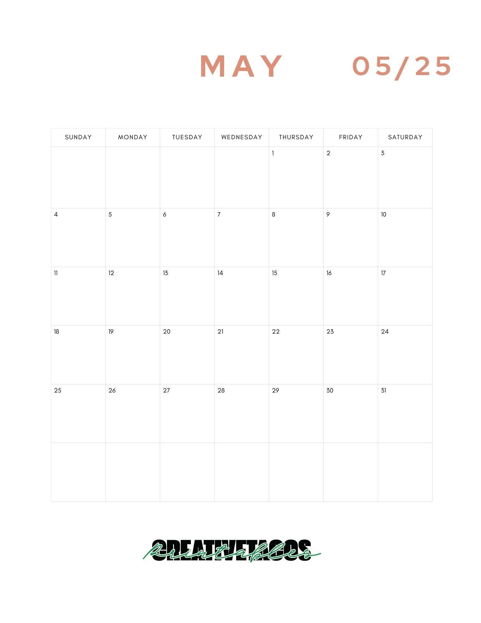 2025 Printable Monthly Calendar Template