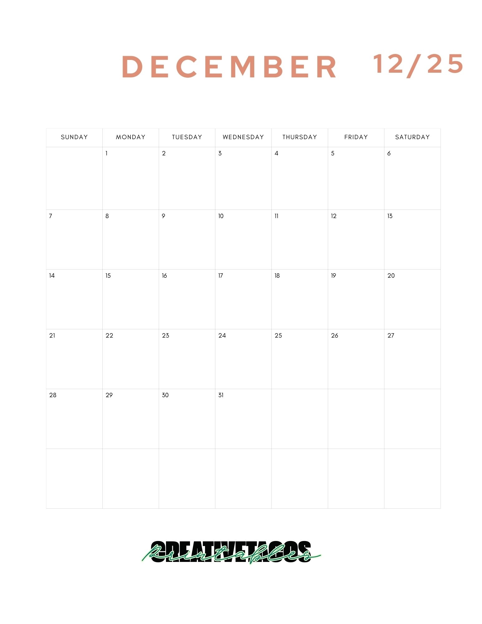 Minimalist Printable 2025 Monthly Calendar Template