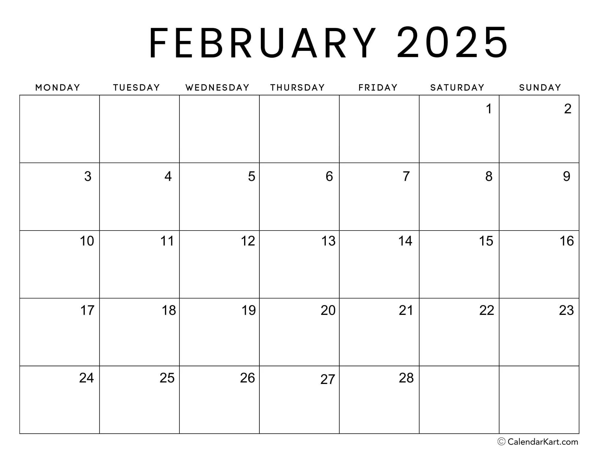Monday Start Calendars 2025 CalendarKart