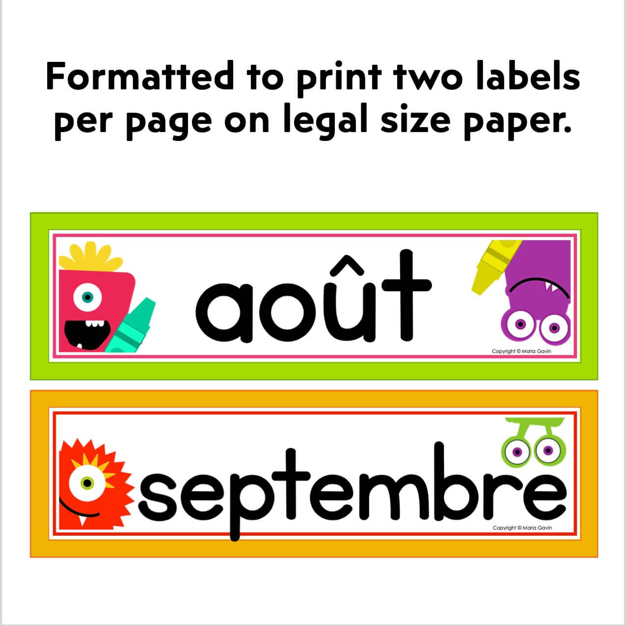 Monster Theme Monthly Calendar Labels French Language Kinder Craze