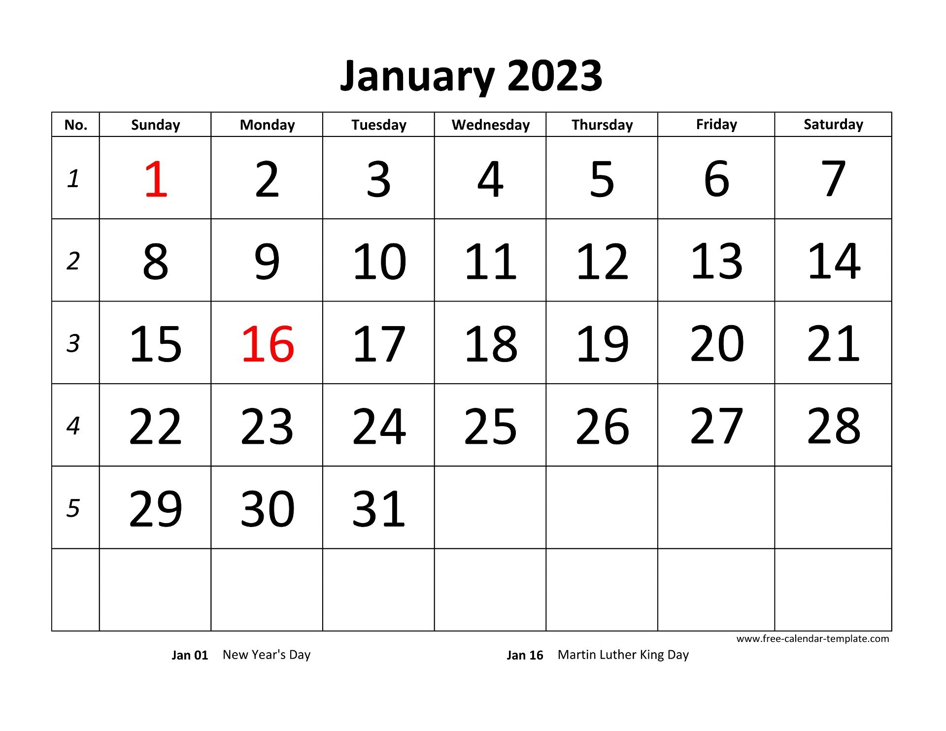 Monthly 2023 Calendar Designed With Large Font horizontal Free calendar Template