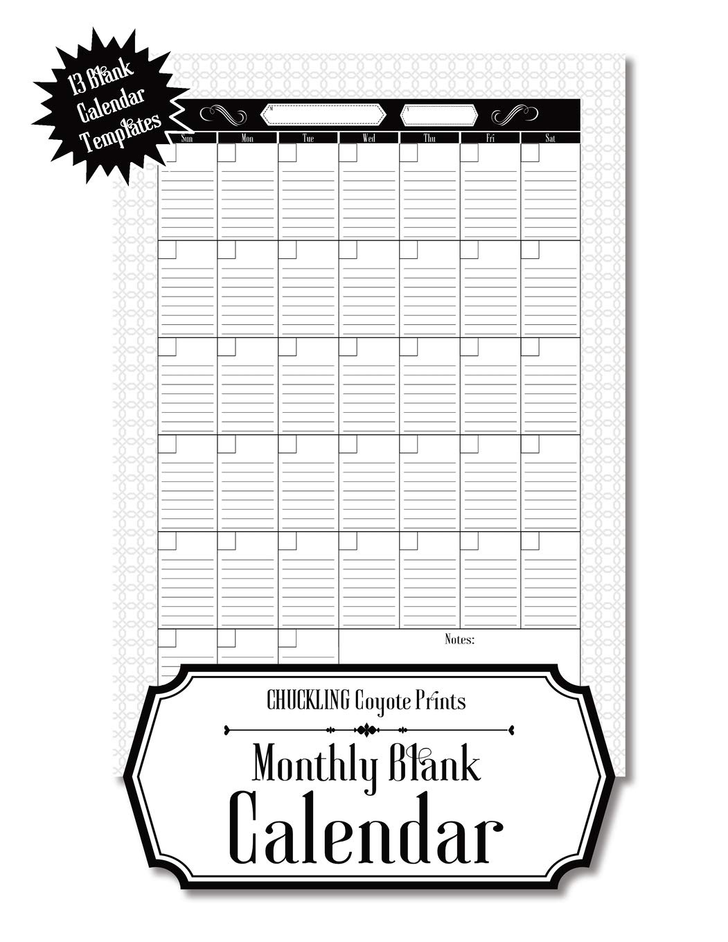 Monthly Blank Calendar 8 5x11 Undated Calendar Fillable Templates For Office School Or Home Sun Sat Pages For Notes And To Do Agenda Chuckling Coyote Prints Amazon de Books