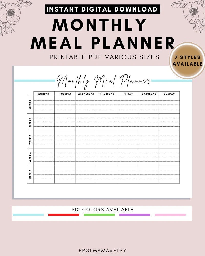Free Printable Monthly Menu Calendar
