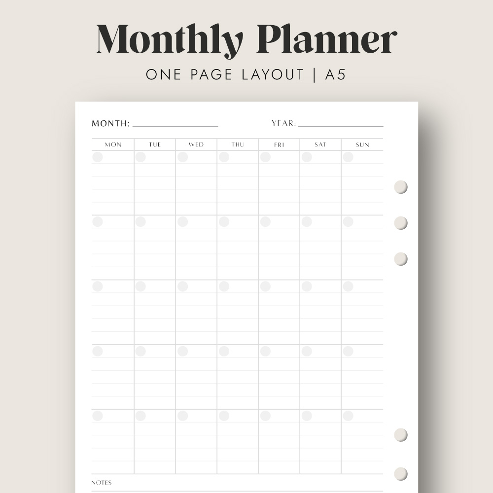 Monthly Planner Printable Insert In A5 Size One Page Layout