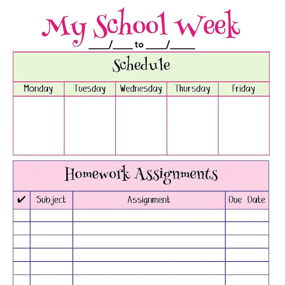 My School Week Homework Planner Etsy