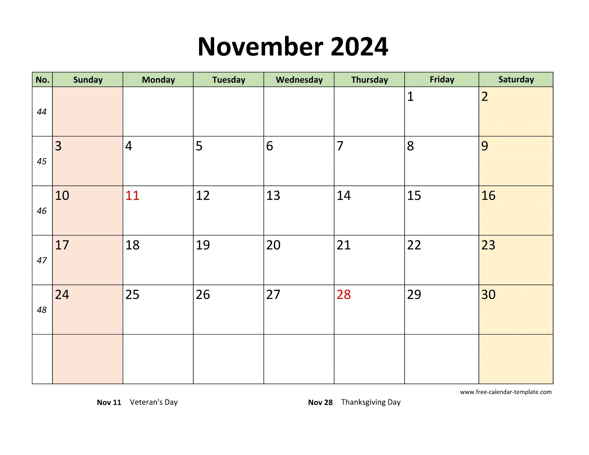 November 2024 Calendar Printable With Coloring On Weekend horizontal Free calendar template