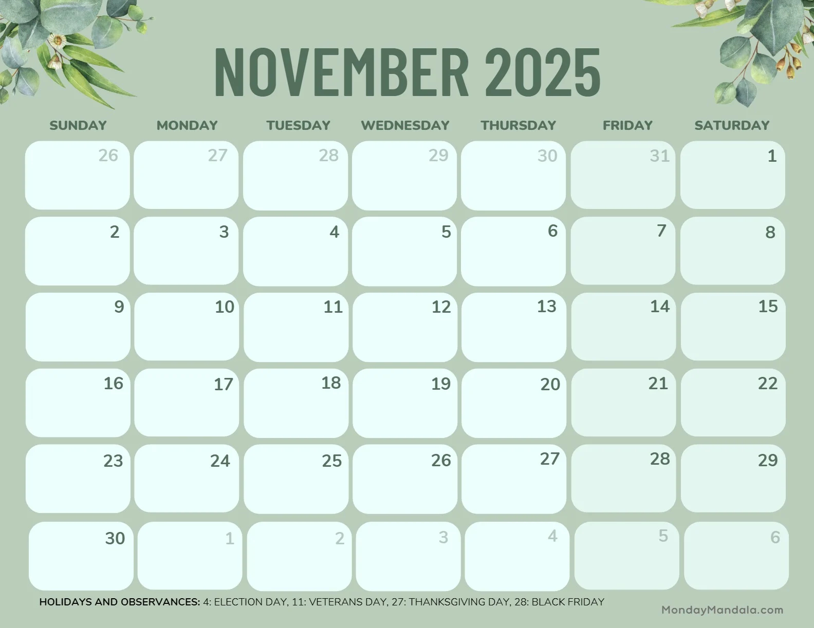 Simple Printable Calendar November 2025