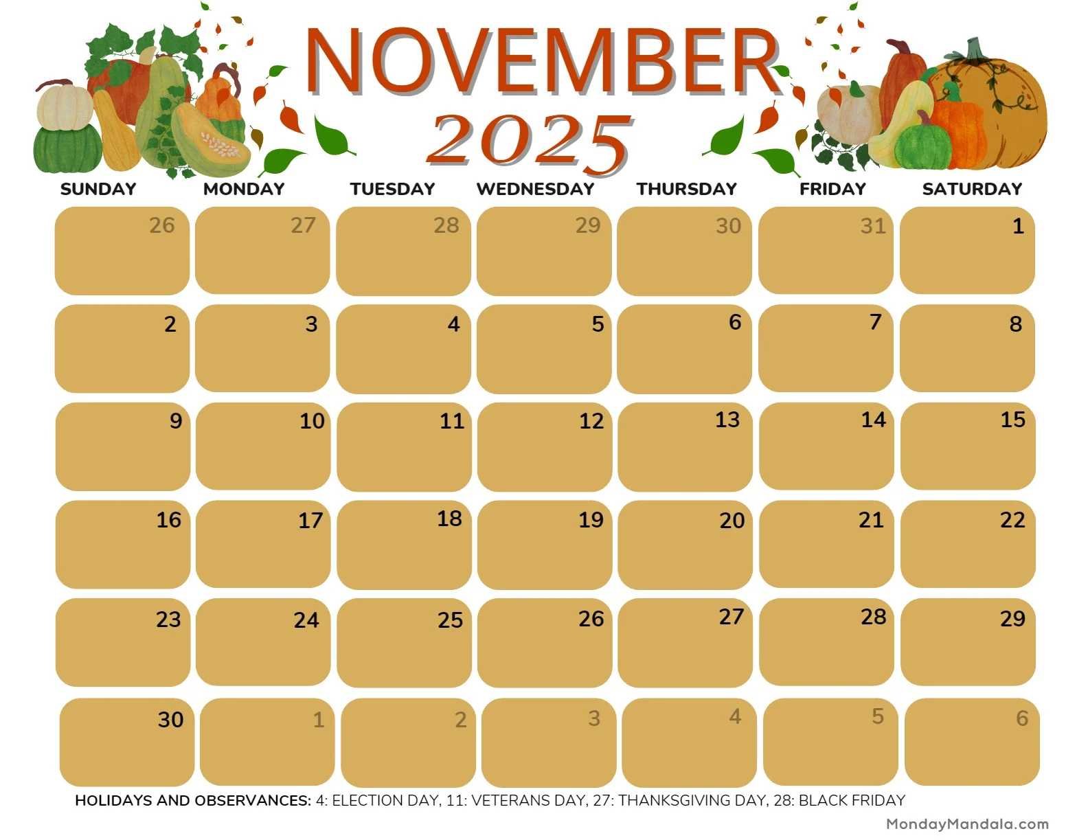 Printable 2025 November Calendar