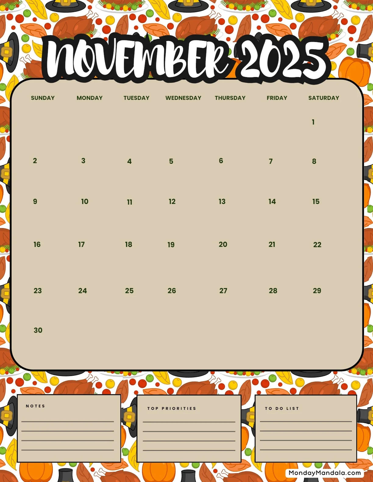 Downloadable Printable November 2025 Calendar