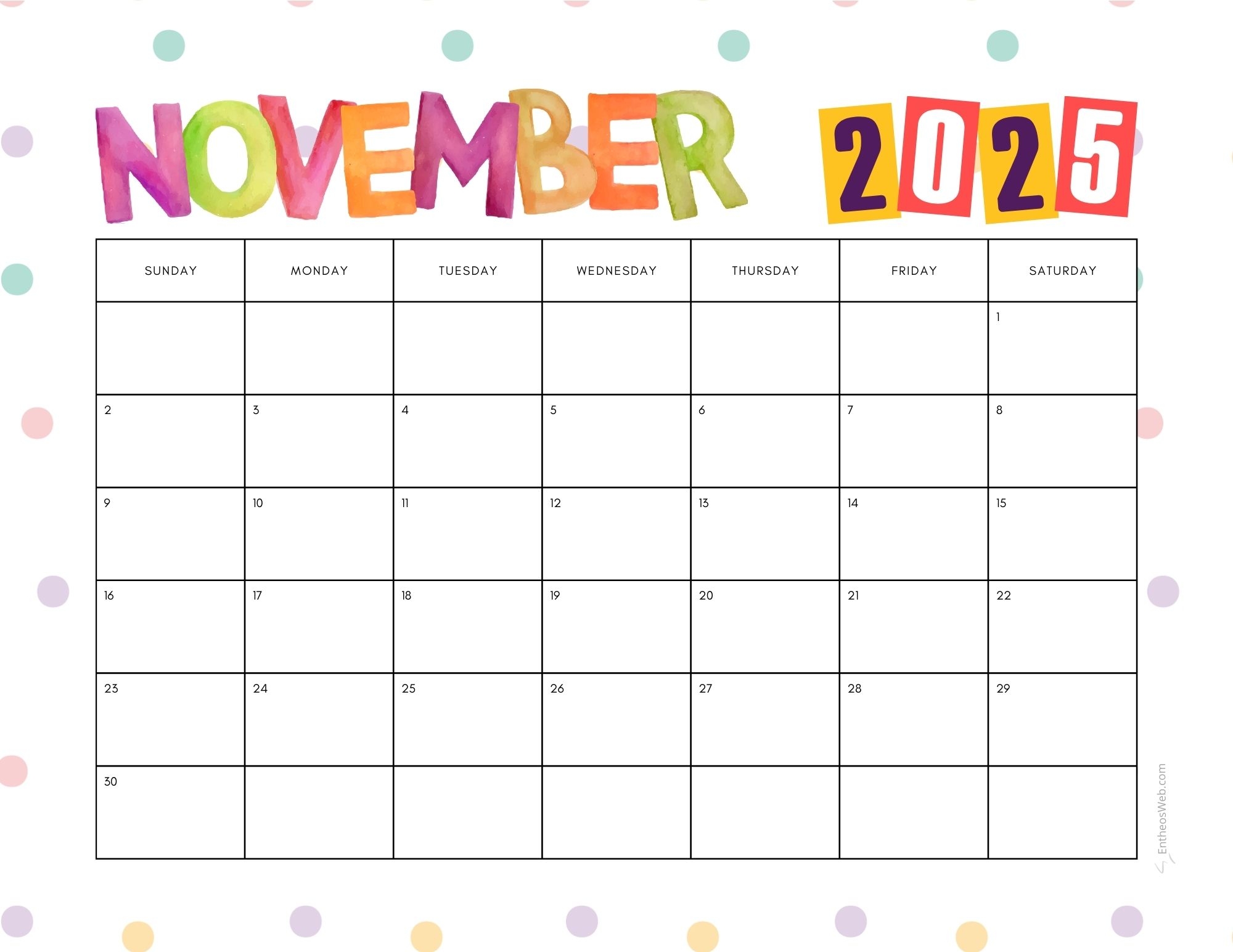 November 2025 Calendar Printables EntheosWeb