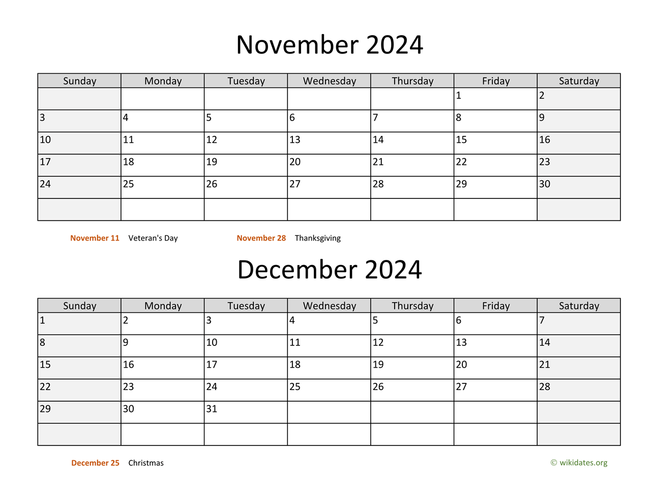November And December 2024 Calendar WikiDates