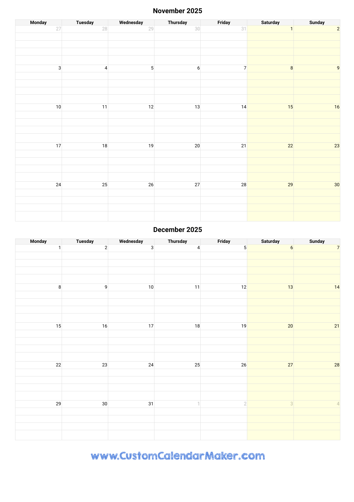 2025 Calendar Printable Novermber And December