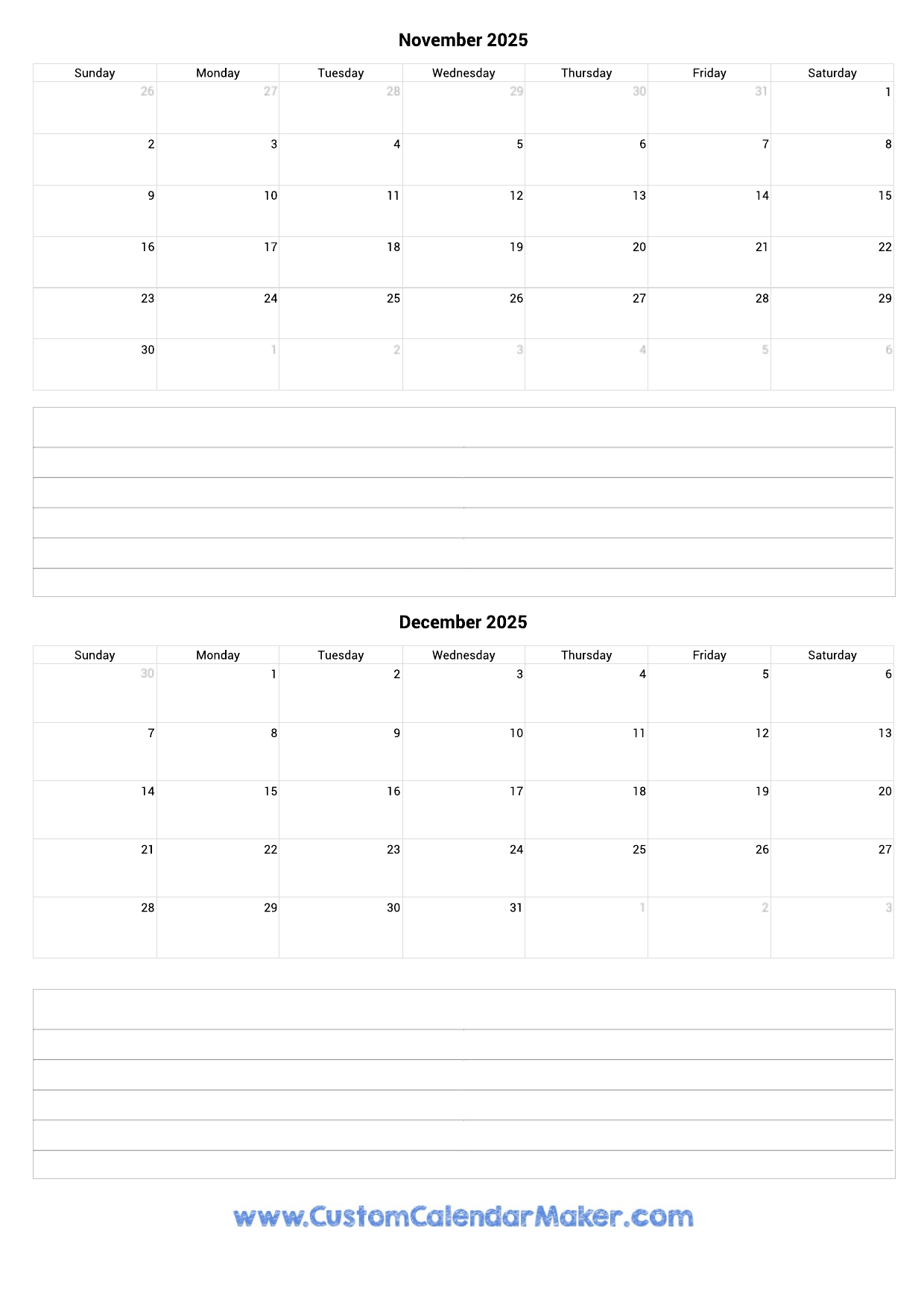 November And December 2025 Calendar Custom Calendar Maker