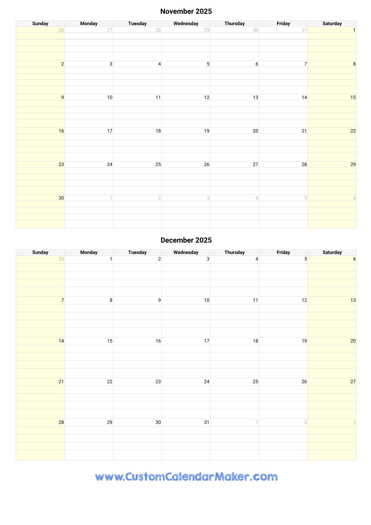 November And December 2025 Calendar Custom Calendar Maker