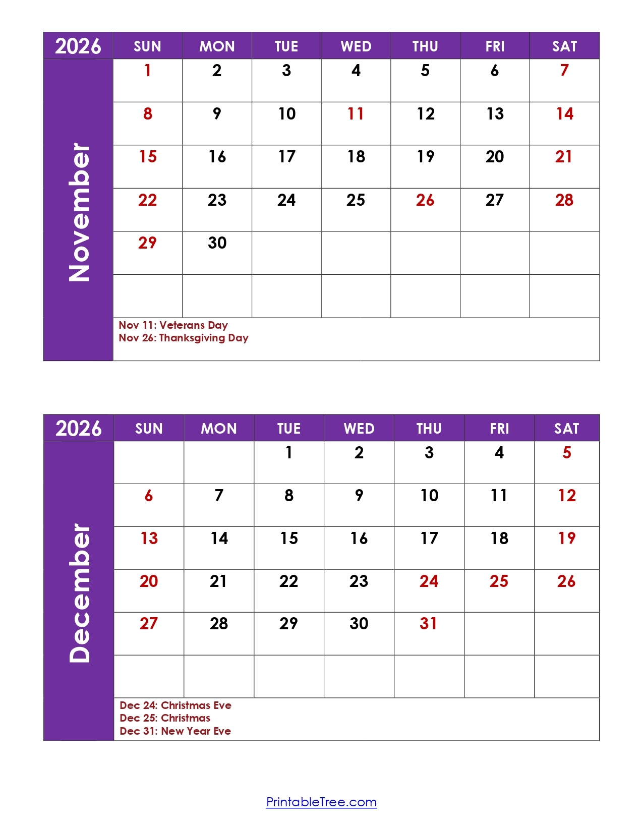 November And December 2026 Calendar Printable PDF 2 Month Calendar Template