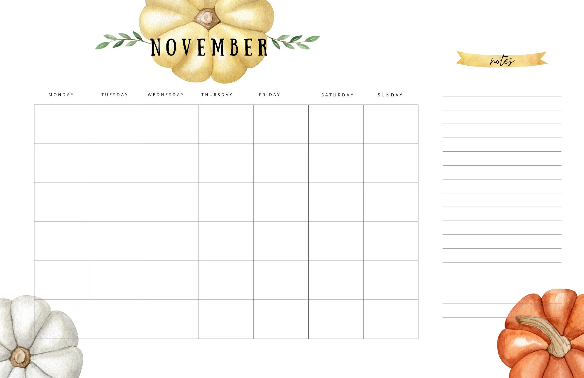 November Blank Calendar Pumpkins Thanksgiving Planner Instant Download Printable Etsy