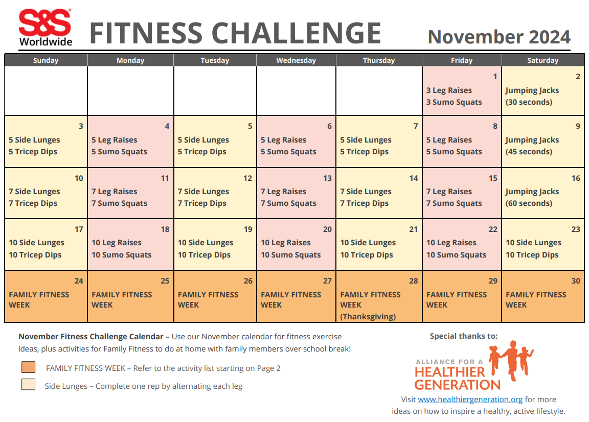 November Printable Fitness Challenge Calendar S S Blog