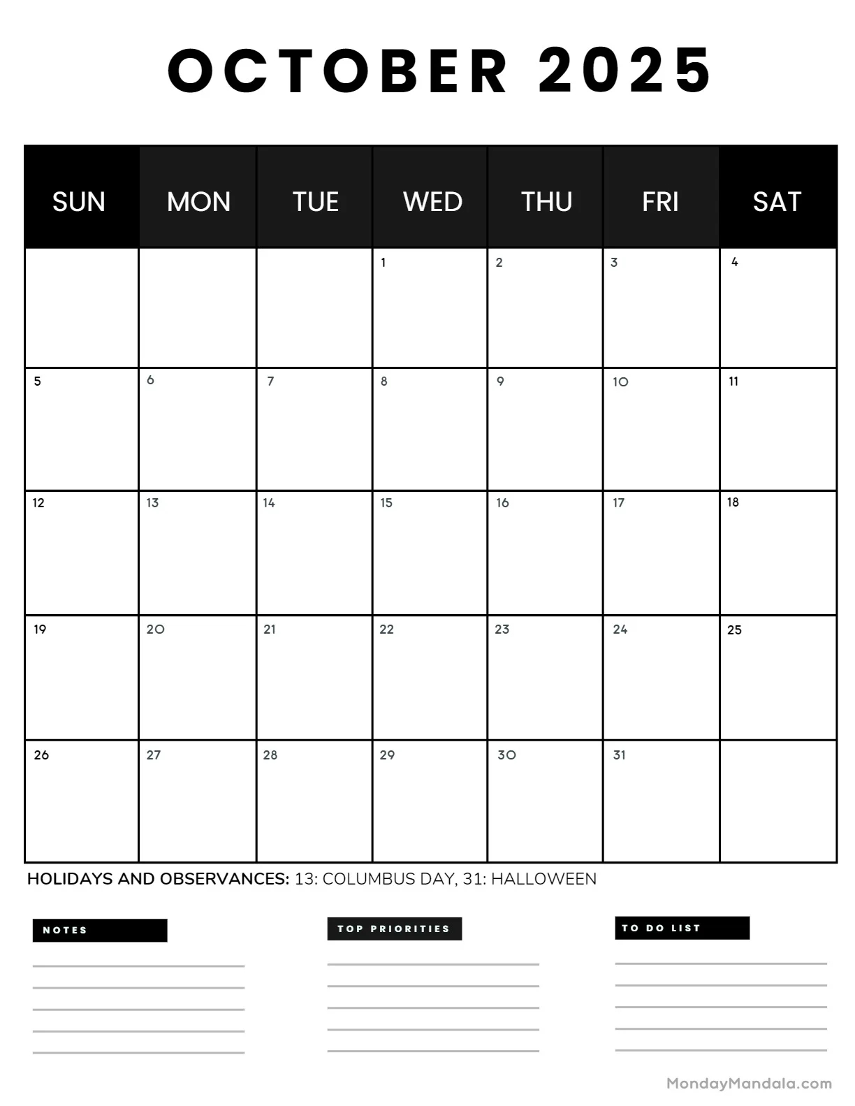October 2025 Calendar A4 Printable