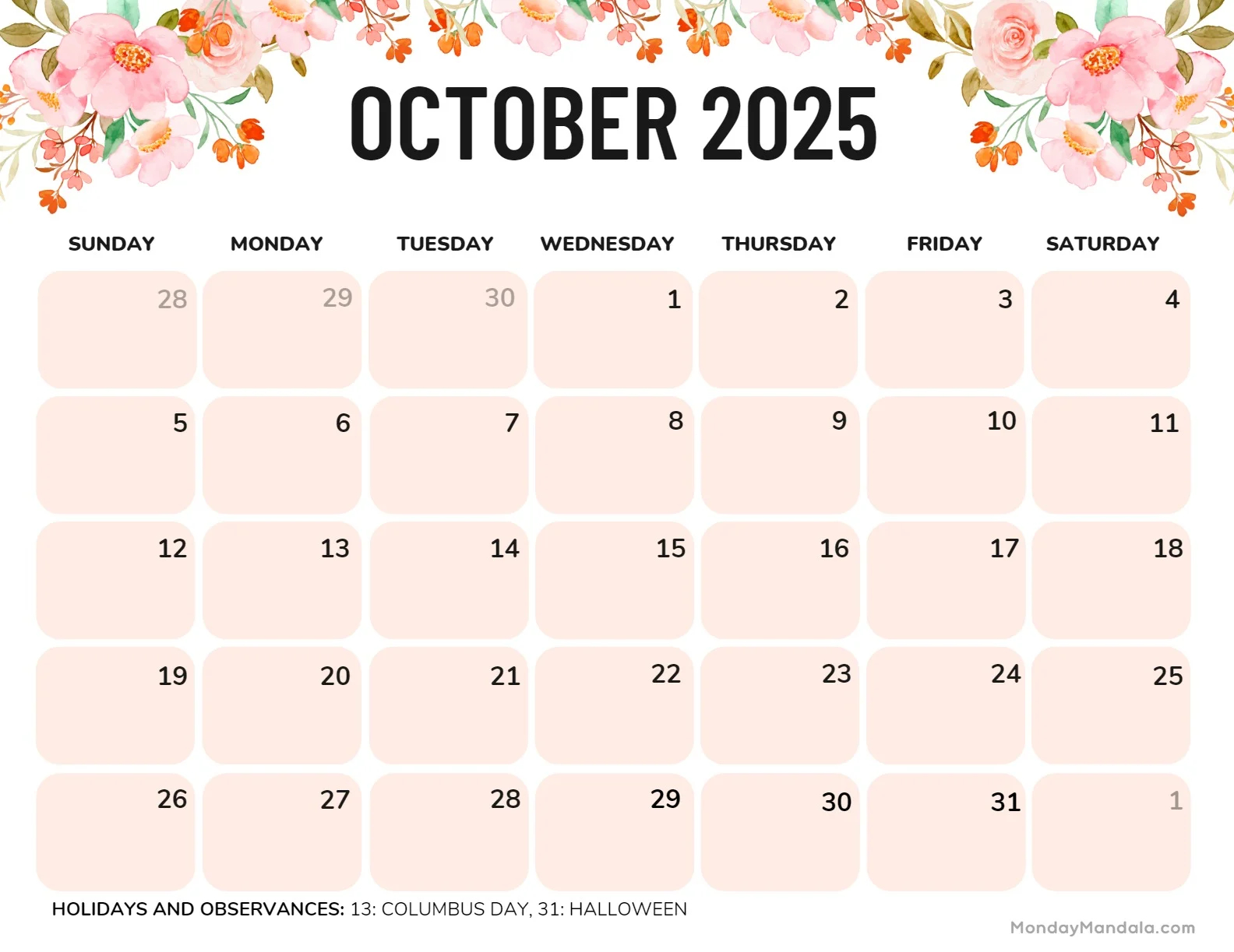 October 2025 Calendar 52 Free PDF Printables 