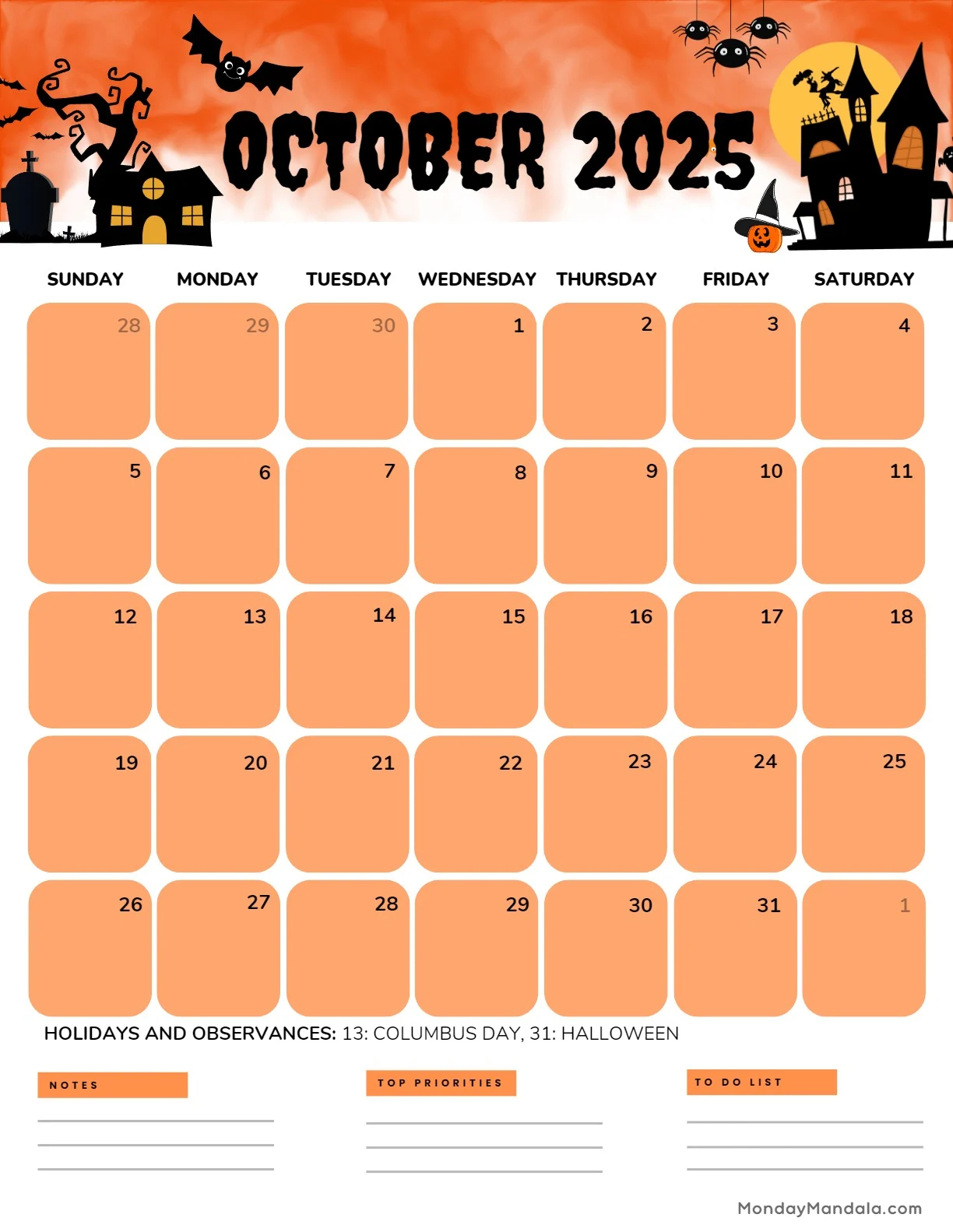 Horror Themed Printable 2025 Calendar