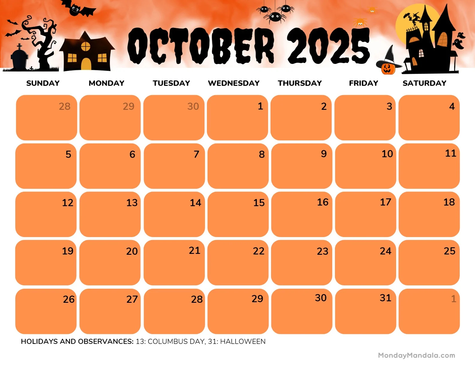 Monthly Printable Calendar October 2025