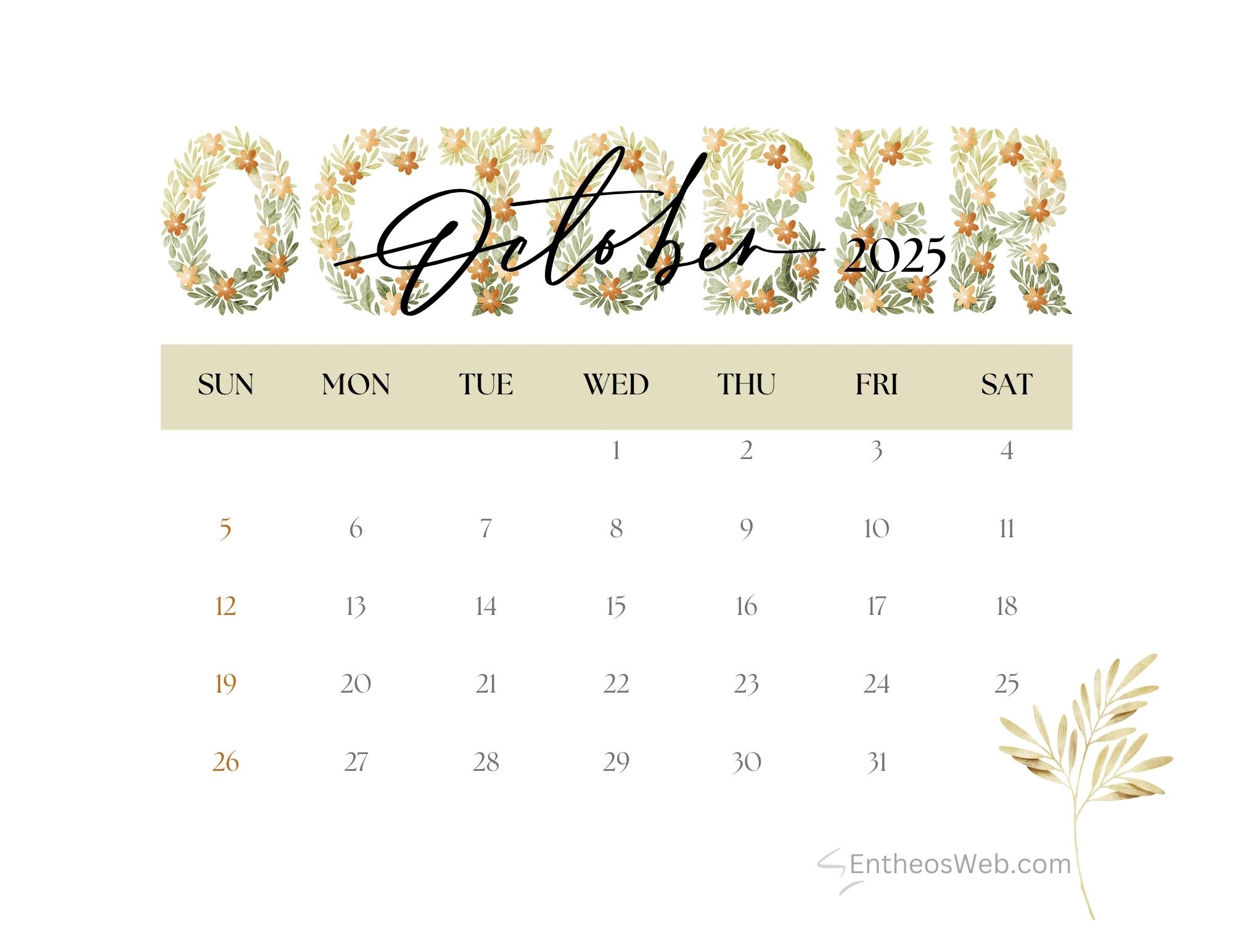 Free Cute Printable Calendar 2025 October