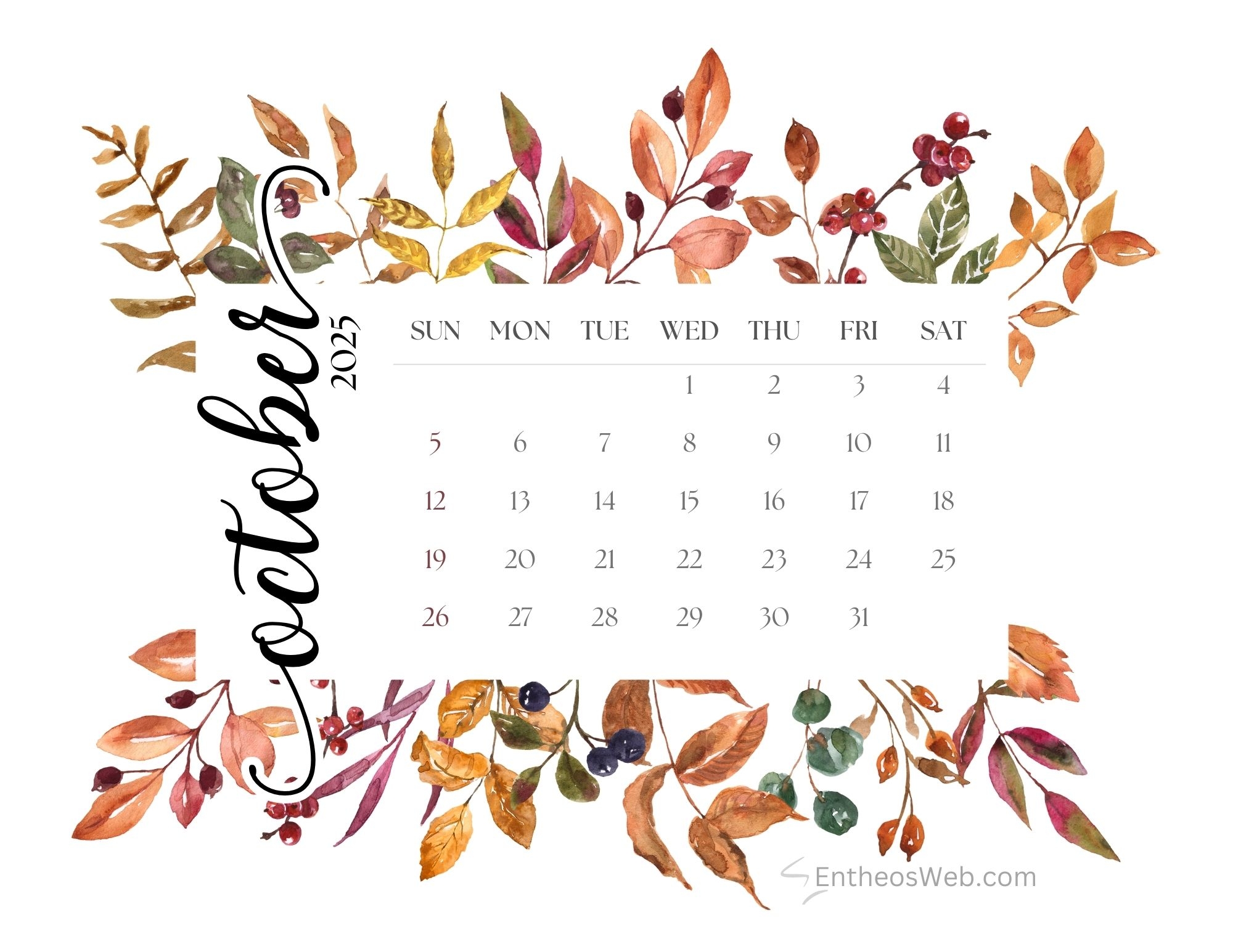 Printable October Monthly Calendar 2025