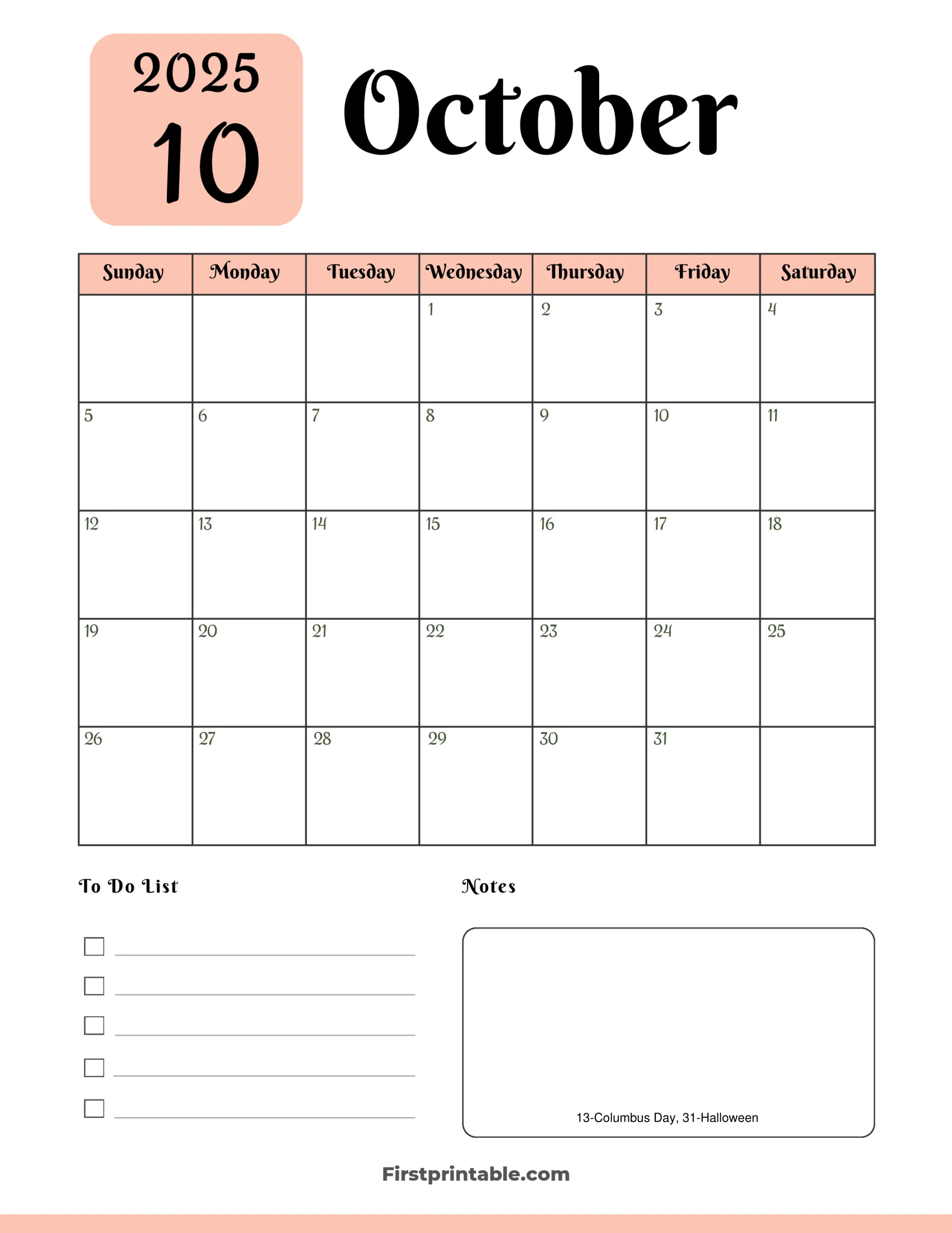 October 2025 Calendars Free Printable Fillable