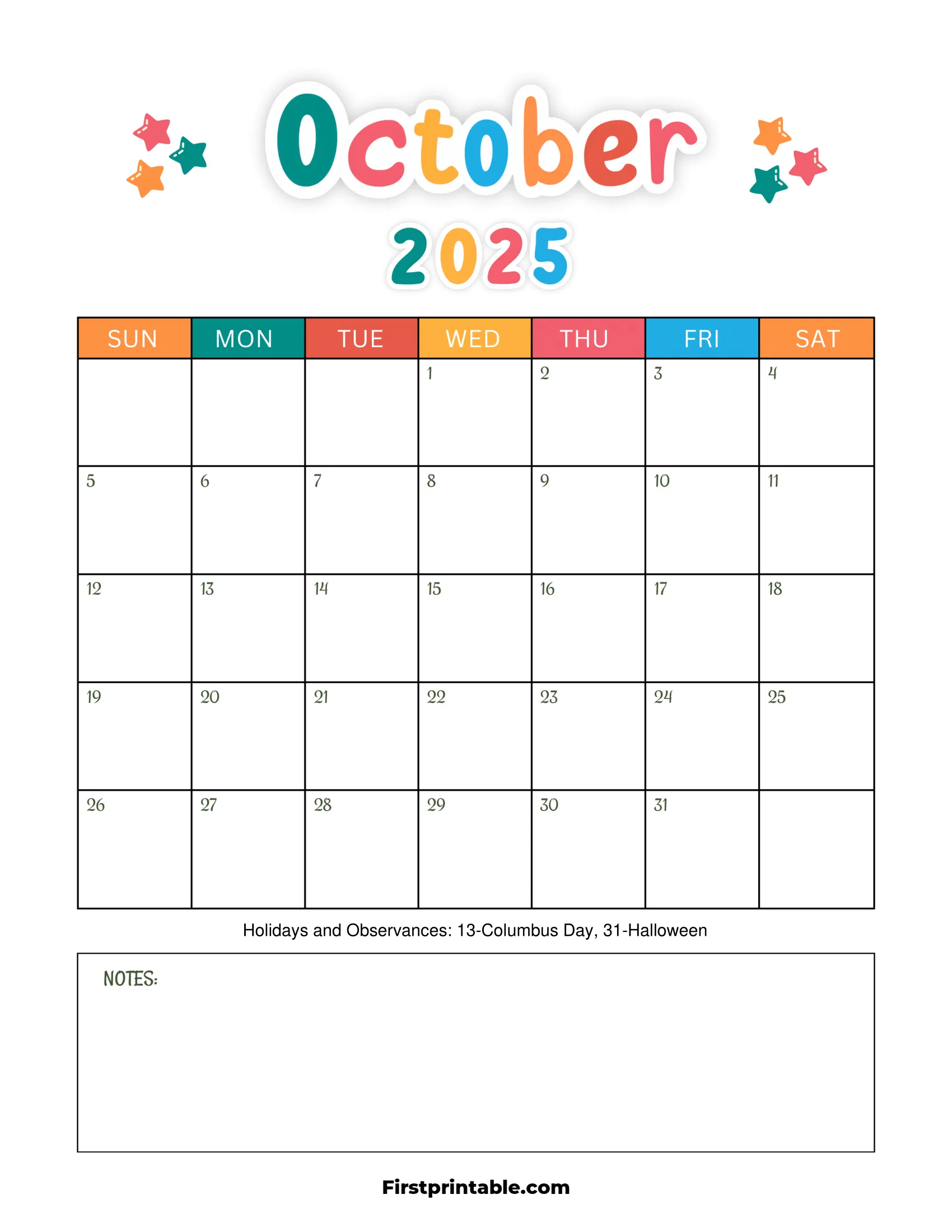 October 2025 Calendars Free Printable Fillable