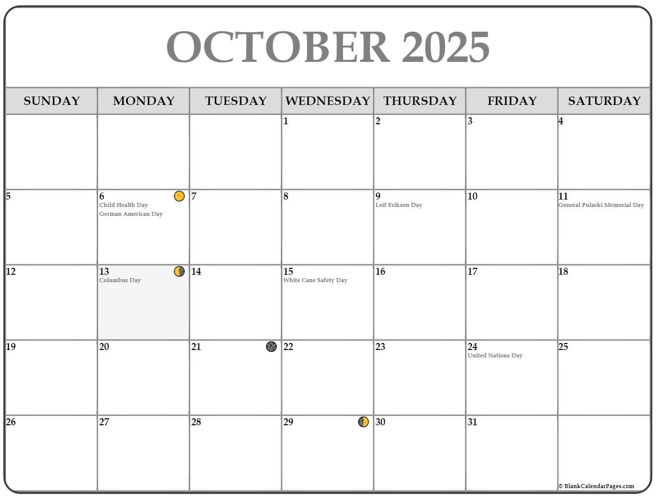 Free Printable Moon Phase Calendar October 2025
