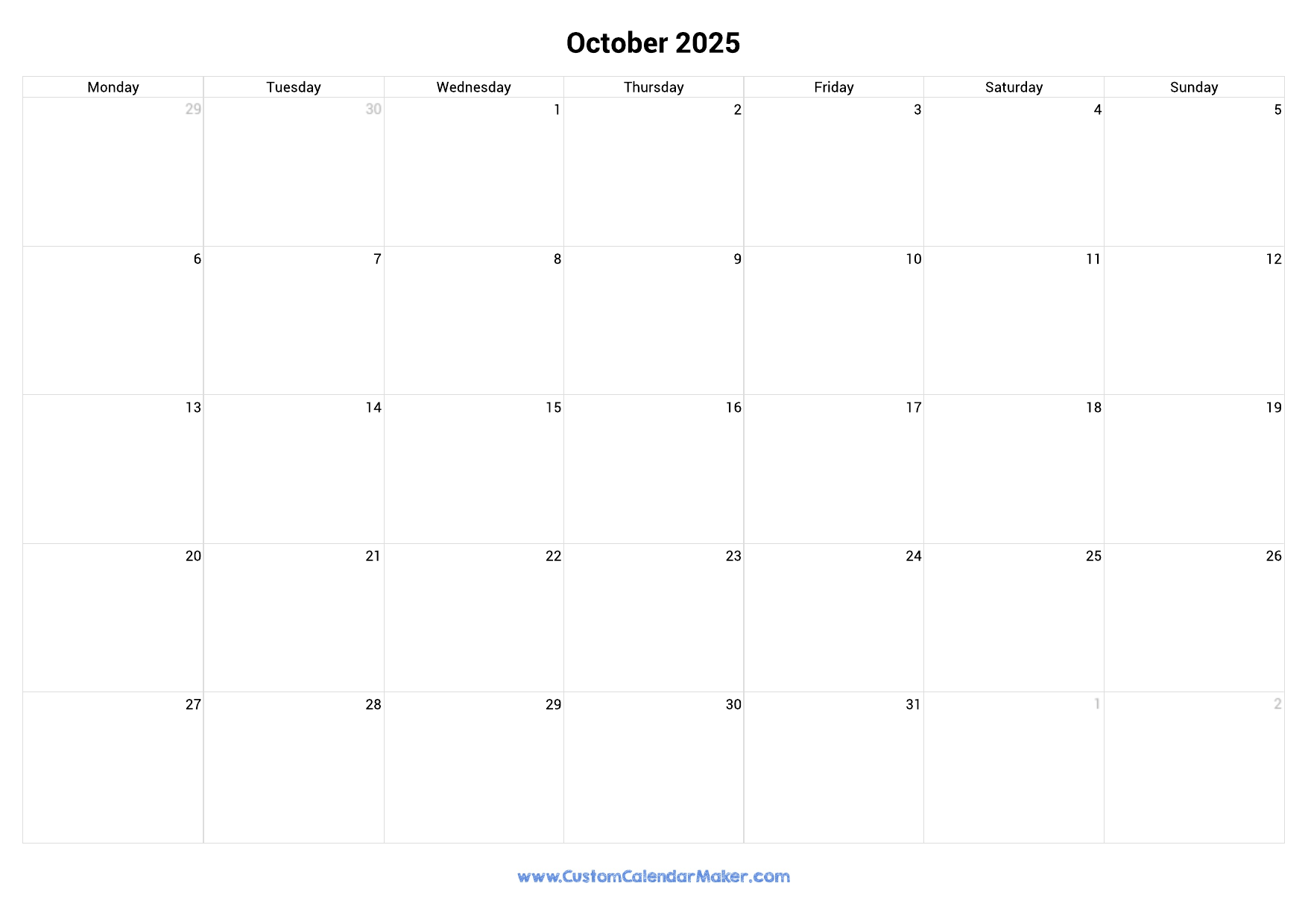 October 2025 Monday Start Calendar Monday To Sunday Custom Calendar Maker October 2025 Monday Start Calendar Monday To Sunday Custom Calendar Maker