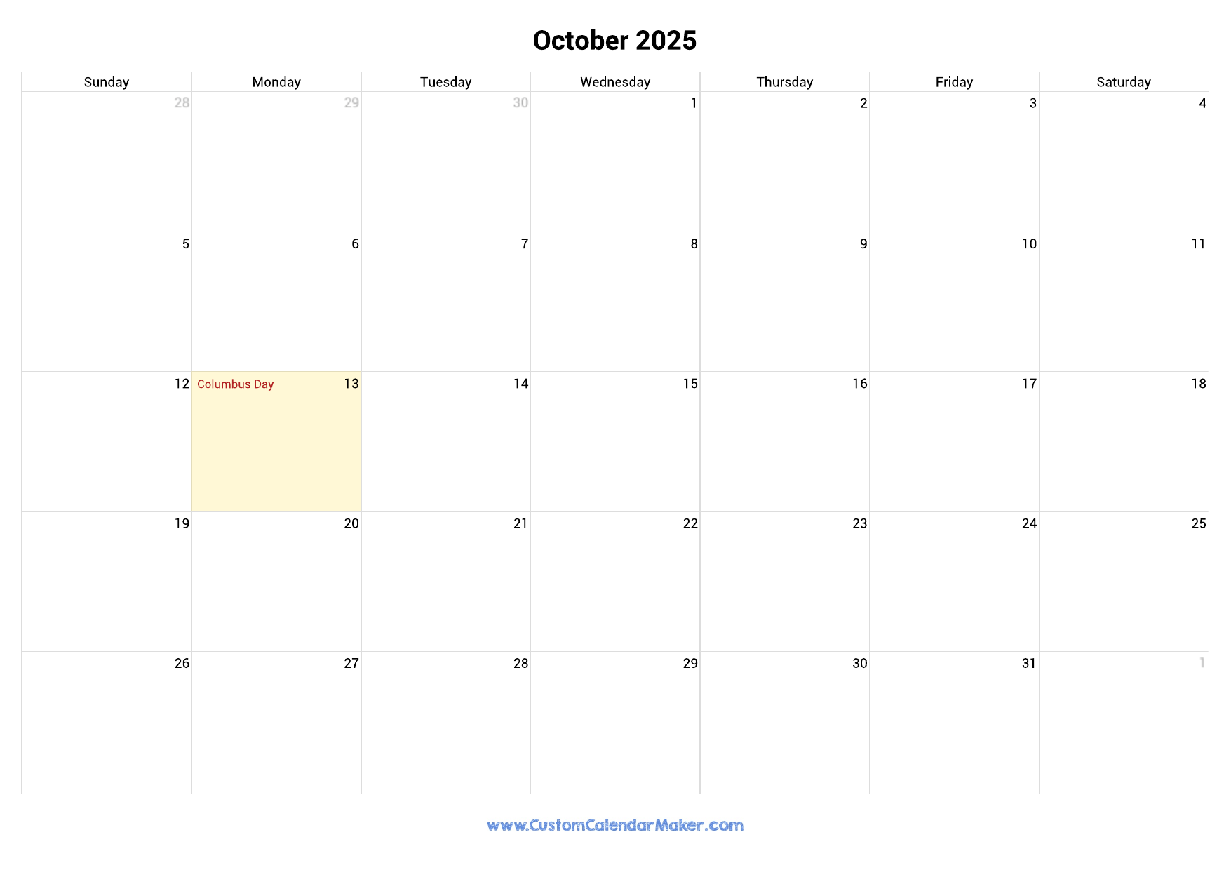 October 2025 Printable Calendar With US Federal Holidays Custom Calendar Maker
