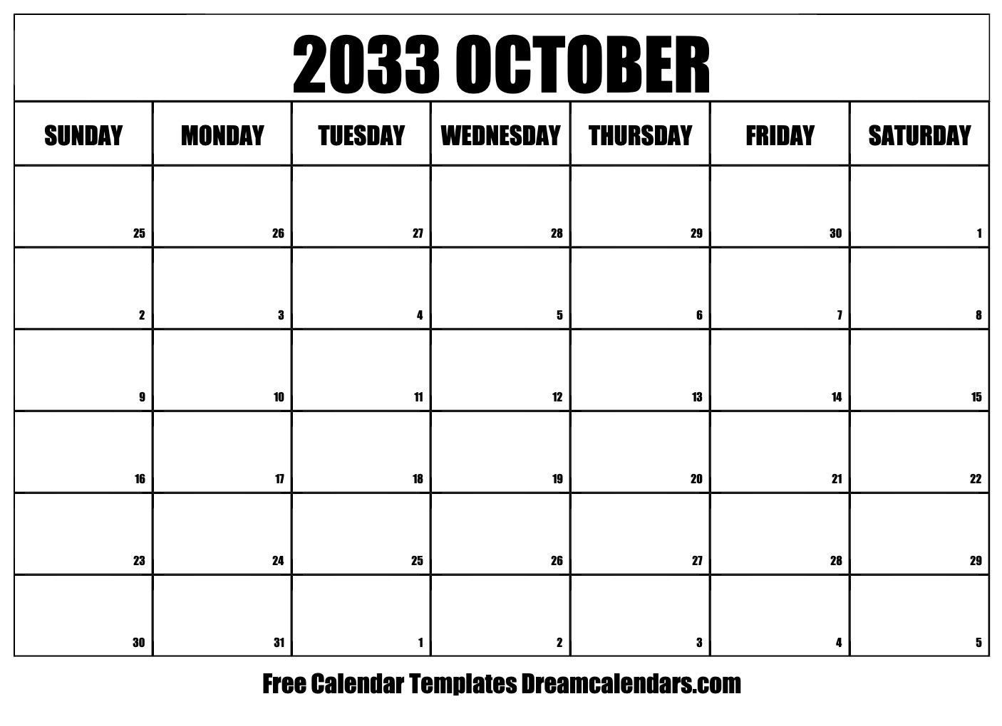 October 2033 Calendar Free Printable With Holidays And Observances