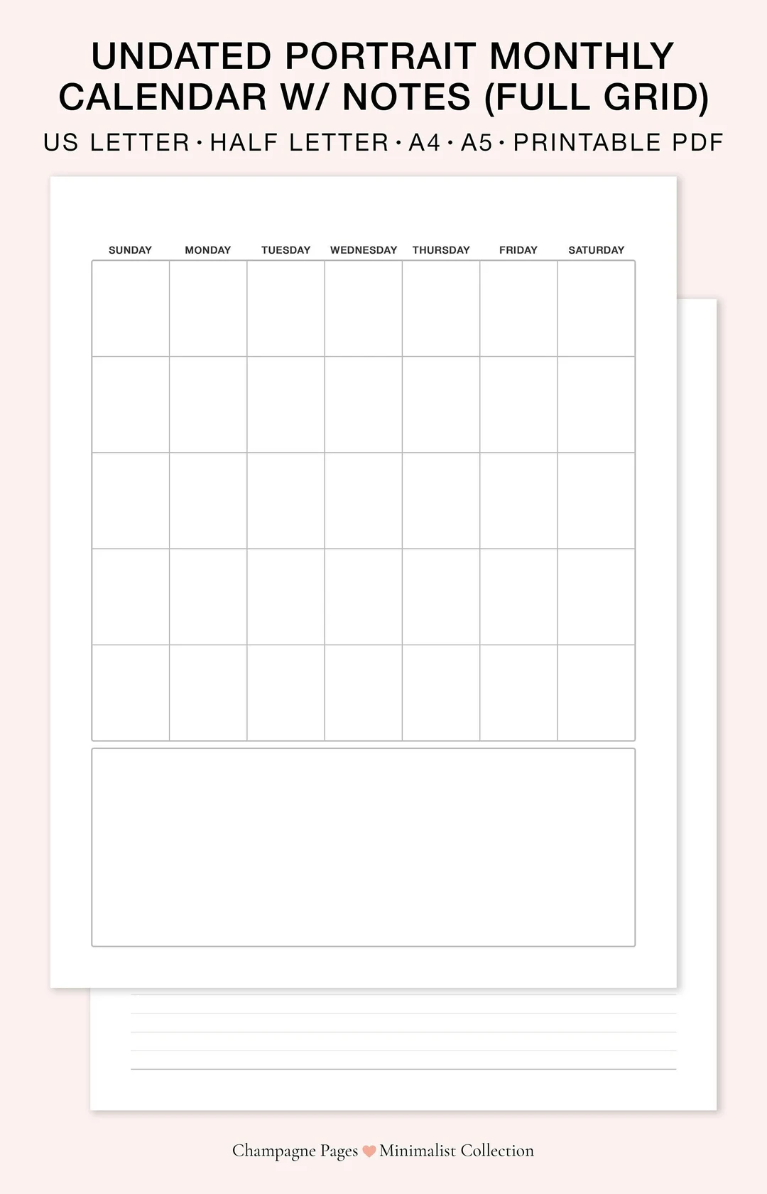 Portrait Blank Monthly Calendar With Notes full Grid Layout Desk Calendar Goodnotes Template Printable PDF A5 a4 letter half Size Etsy