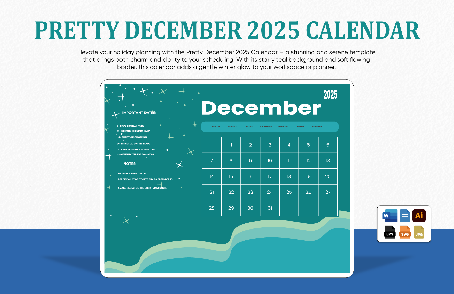 Pretty December 2025 Calendar In EPS Illustrator JPG Word SVG Google Docs To Download Template