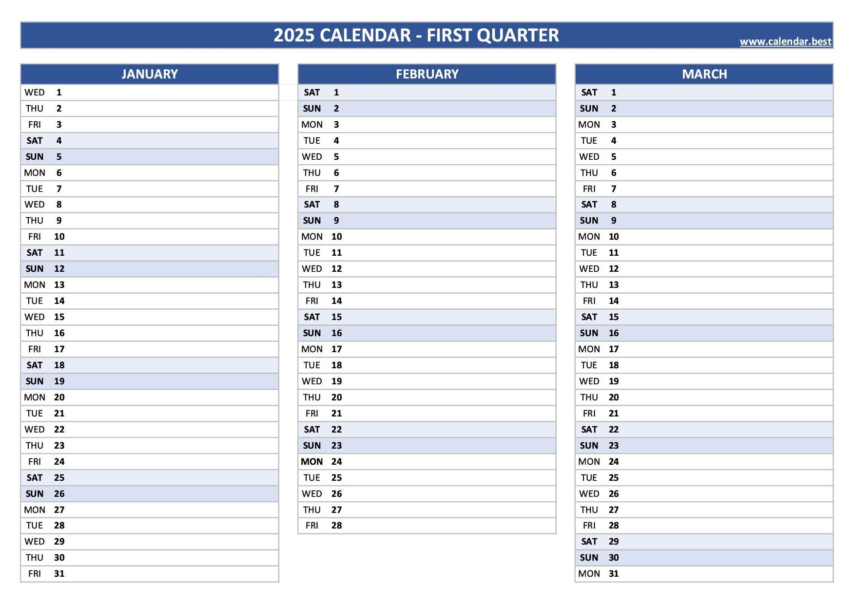 printable 1st quarter 2025 calendar