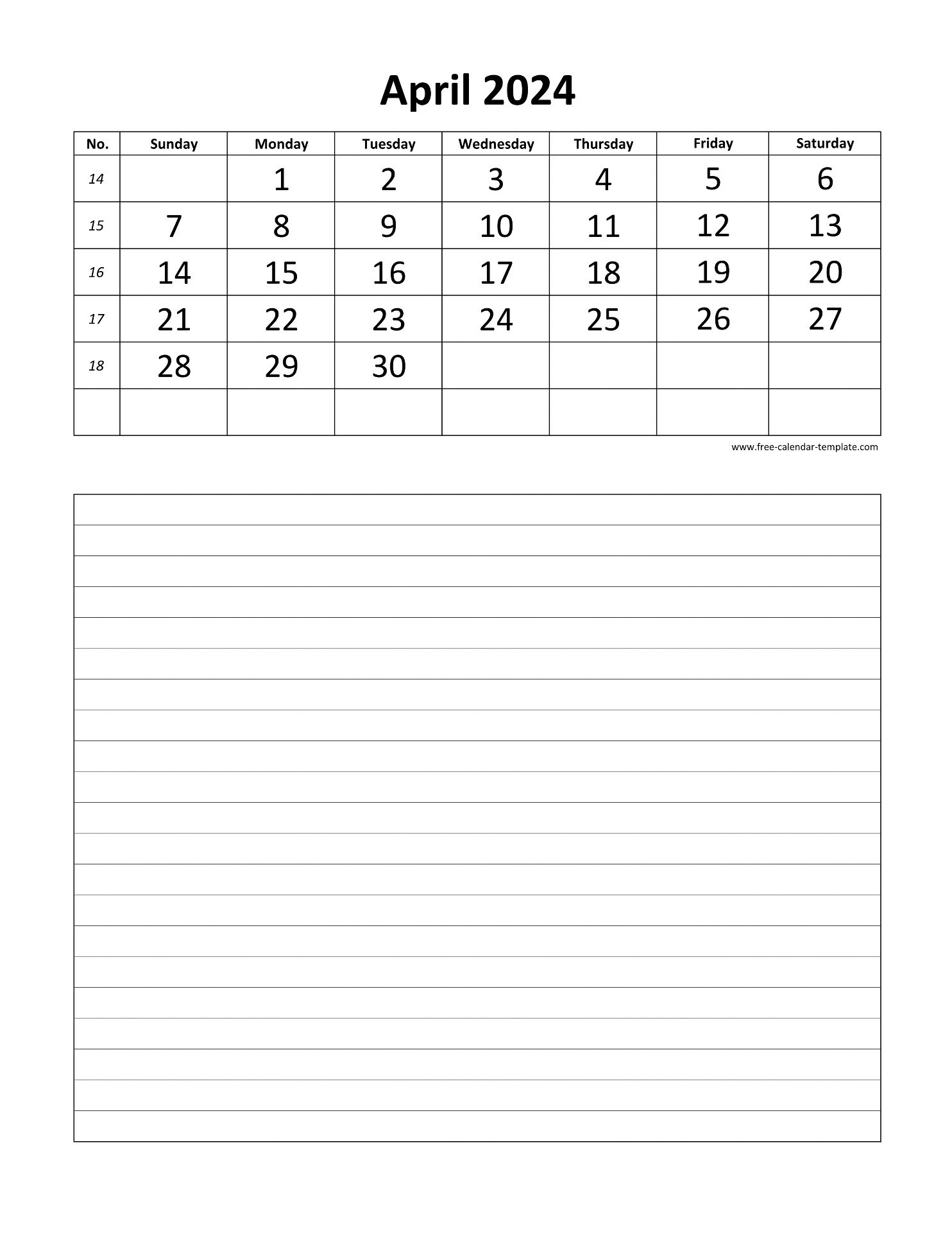 Printable 2024 April Calendar Grid Lines For Daily Notes vertical Free Calendar template