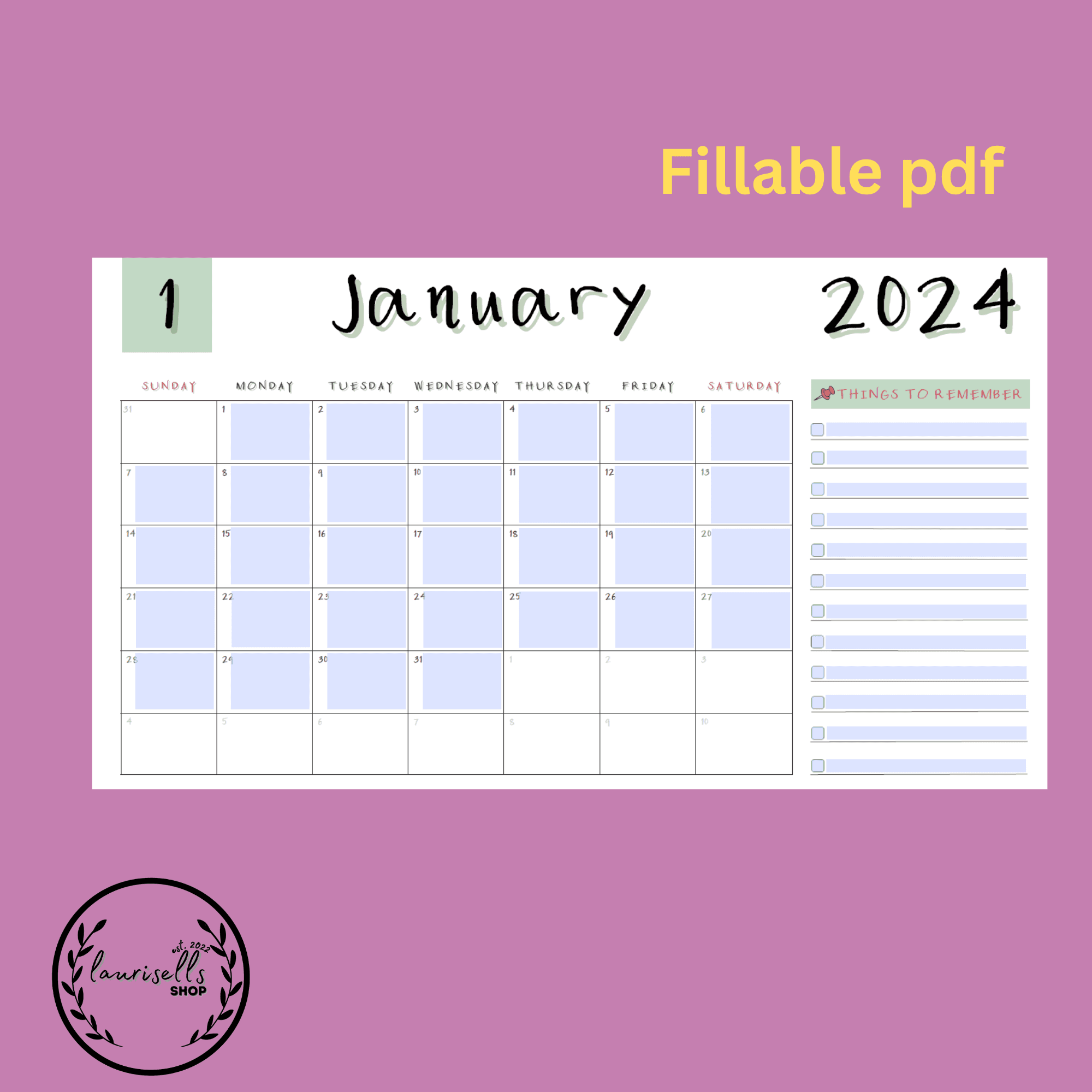 Fillable Printable Calendar