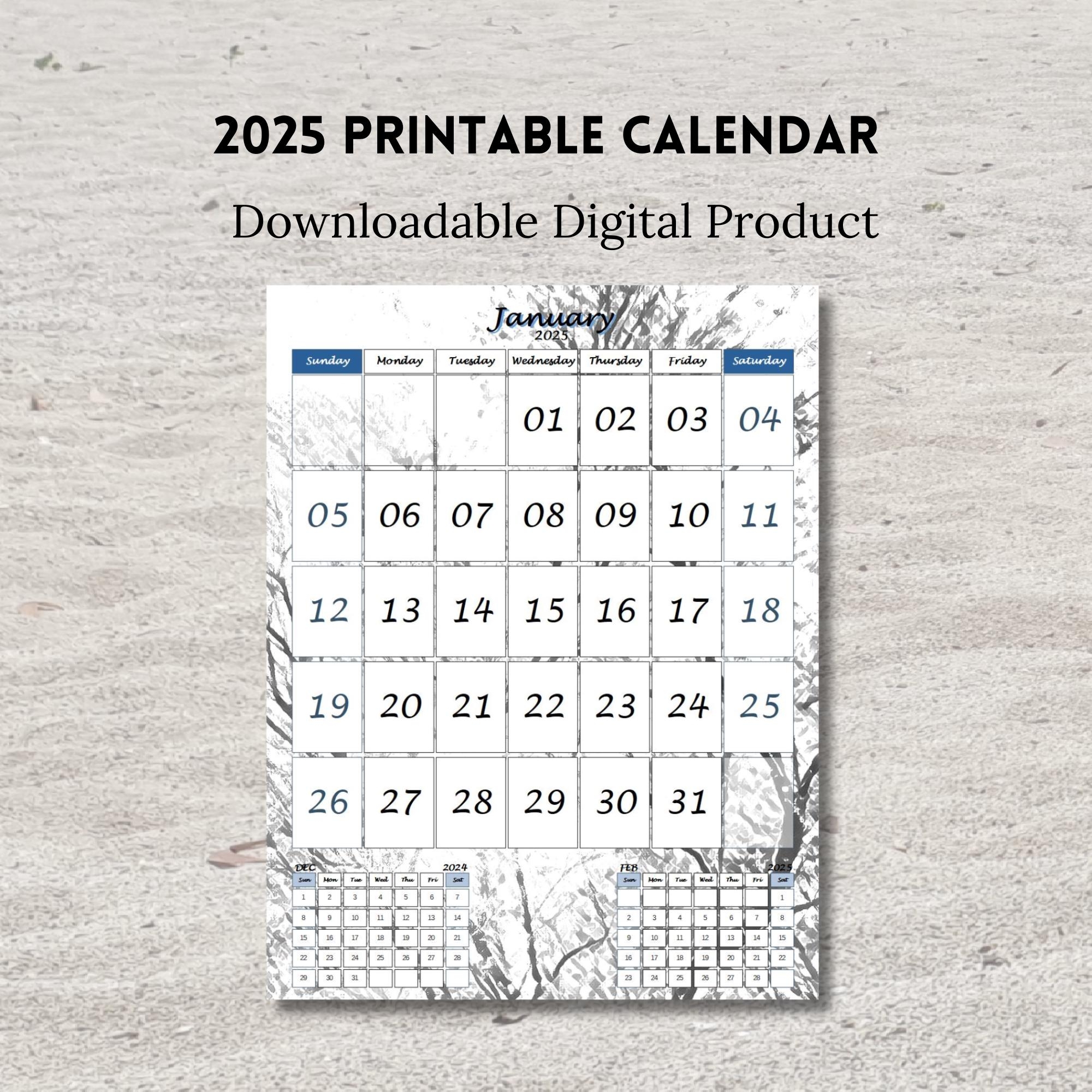 Printable 2025 Calendar Sunday Start Portrait With Previous And Next Month A4 A5 And Letter Size PDF Etsy