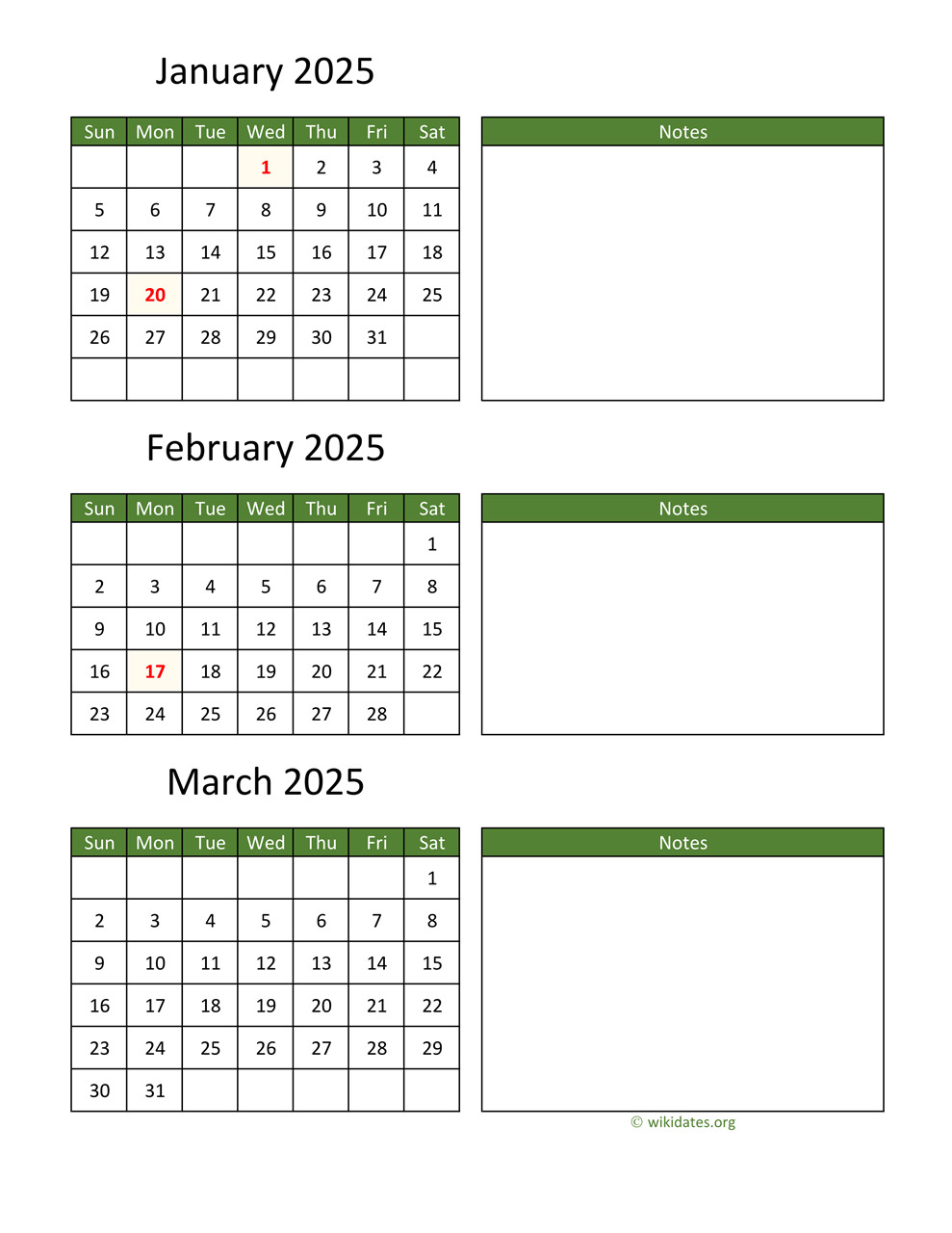 2025 Three Month Calendar Printable