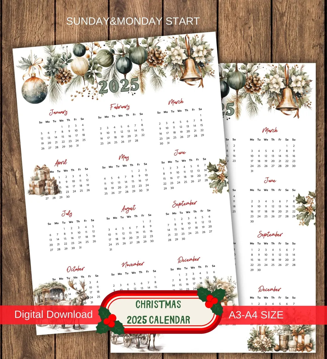 Printable 2025 Christmas Calendar 2025 Noel Yearly Wall Calendar New Year Calendars A3 A4 Letter Monday sunday Start Holiday Decor Etsy