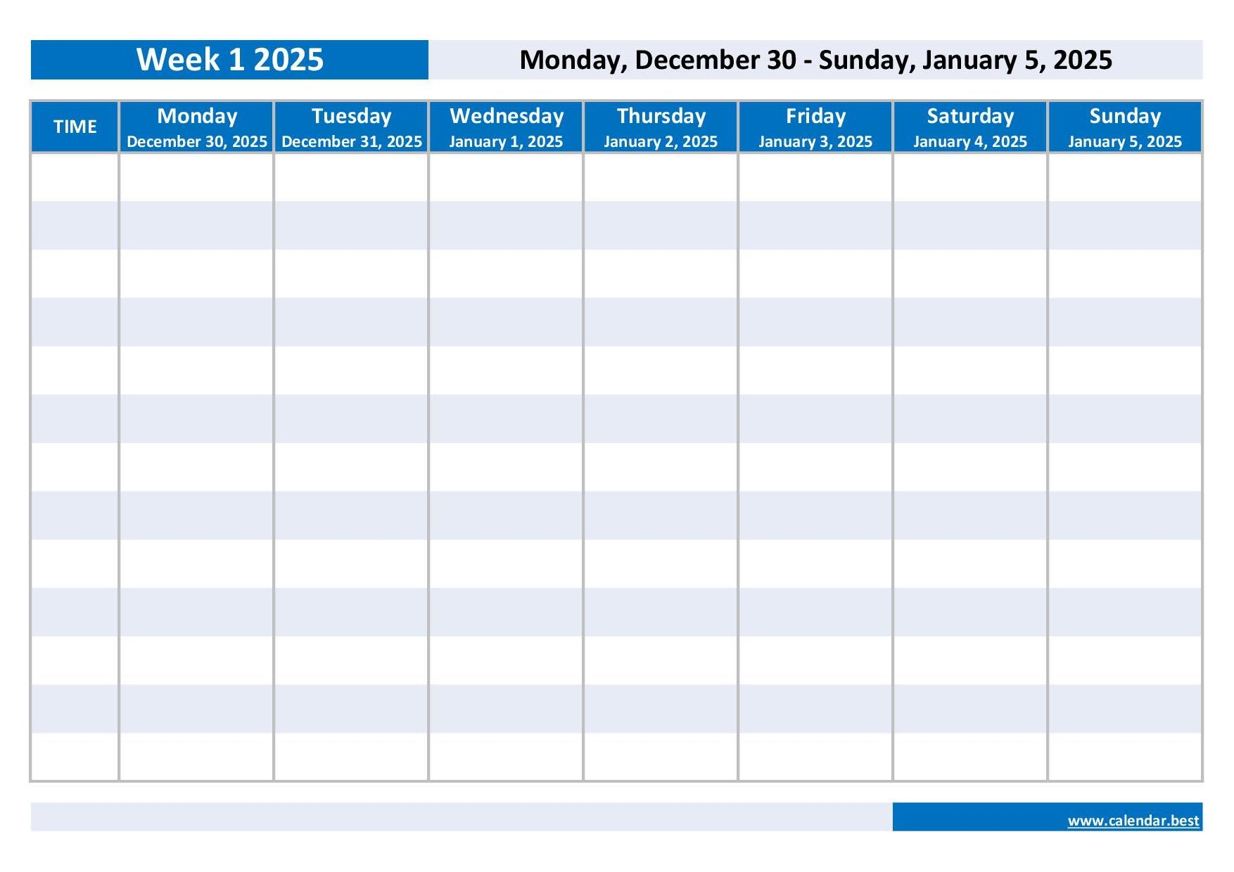 2025 Free Printable Weekly Calendar