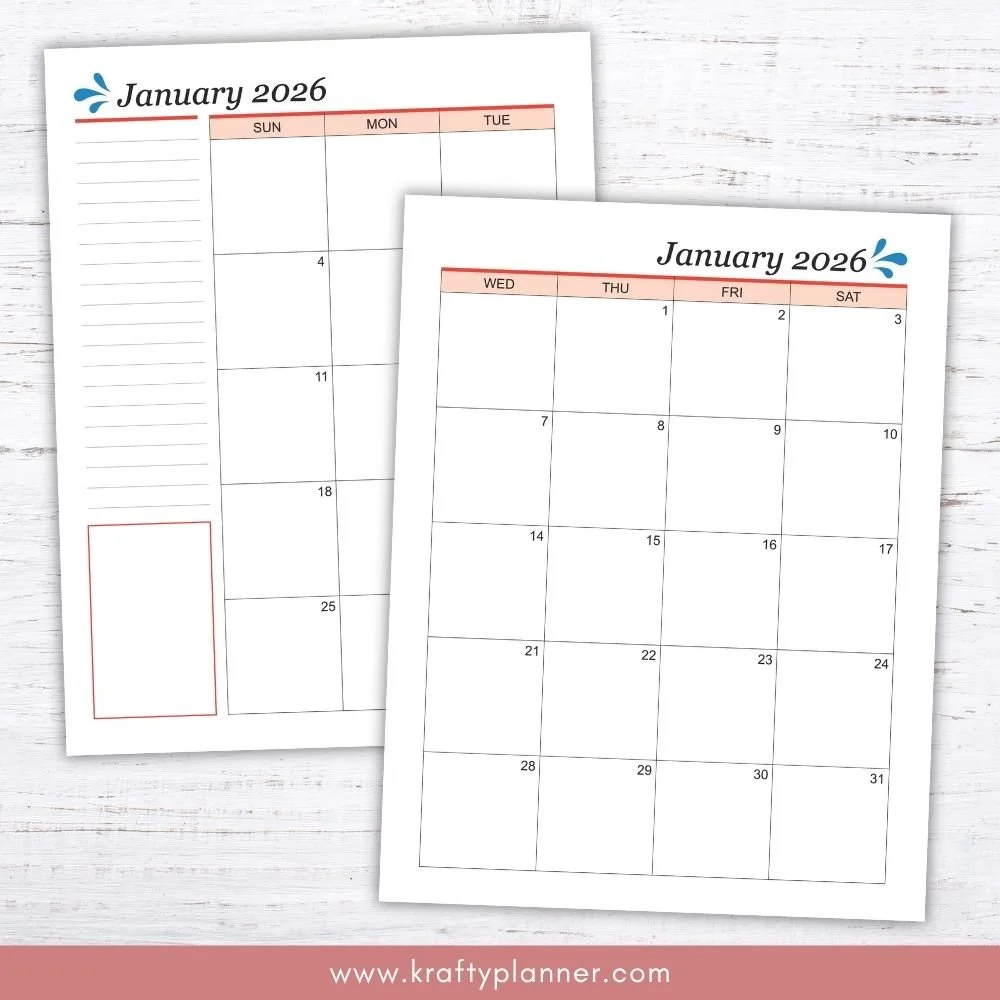 Printable 2026 Two Page Monthly Calendar Krafty Planner