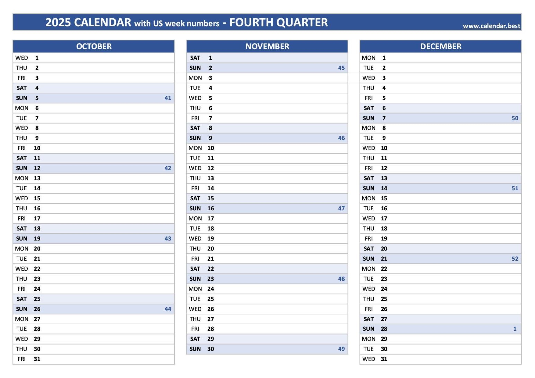 Printable 4th Quarter 2025 Calendar