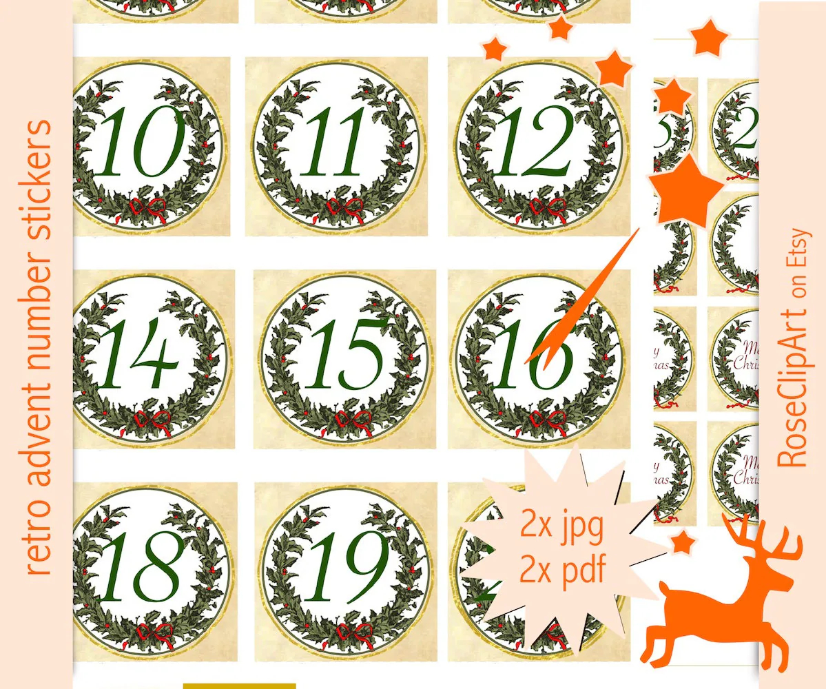 Printable Advent Calendar Numbers Instant Download Number Tags High Resolution Commercial Use Allowed Christmas Countdown Etsy
