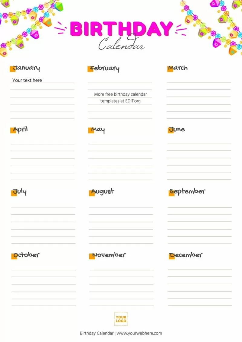 Birthday Calendar Printable