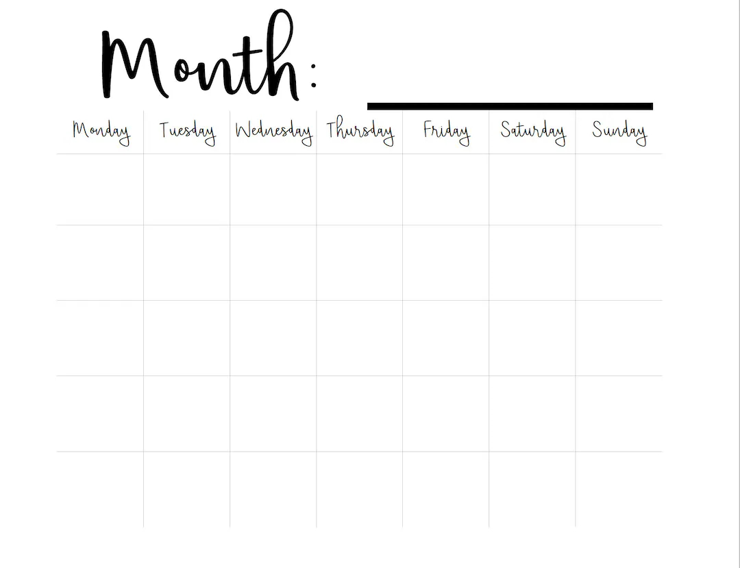 Printable Blank Monthly Calendar monday Start A3 11 7x16 5 Etsy